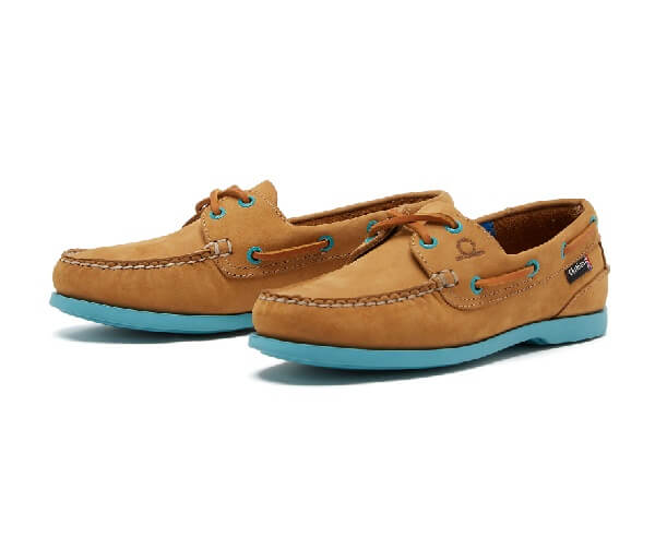 Chatham Pippa Tan Turquoise Deck Shoe in washable nubuck leather