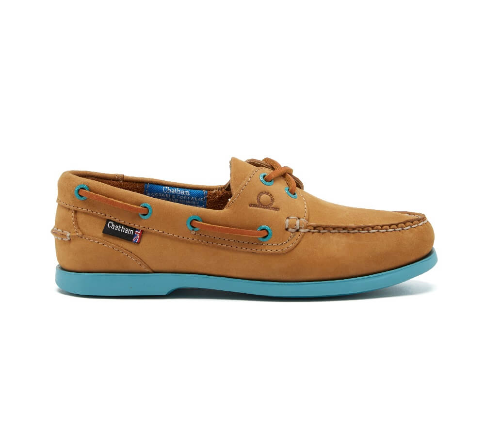Chatham Pippa Tan Turquoise Deck Shoe in washable nubuck leather