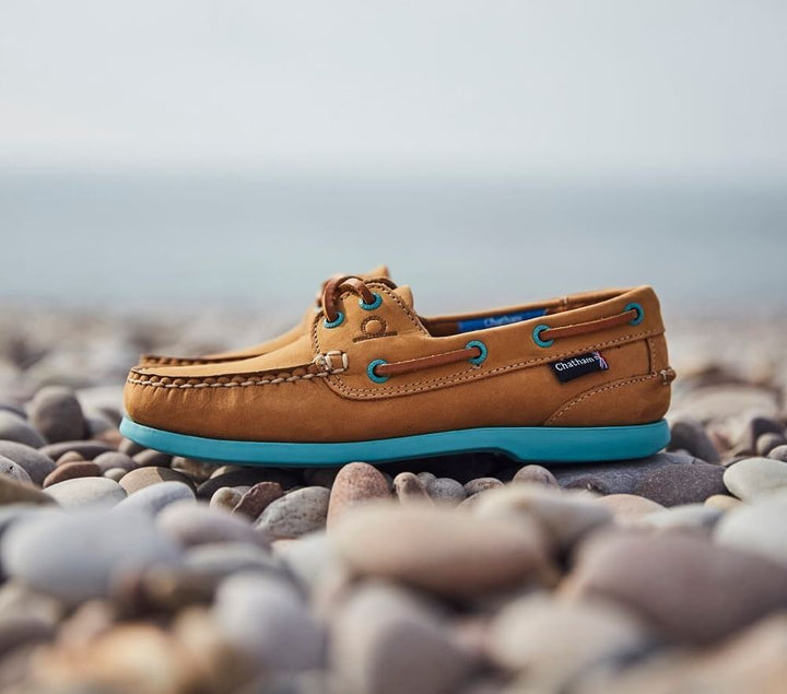 Chatham Pippa Tan Turquoise Deck Shoe in washable nubuck leather