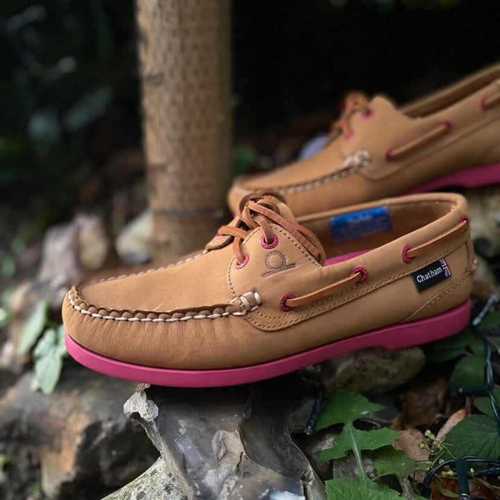 Chatham Pippa Ladies G2 Boat Shoes in Washable Tan Nubuck Leather with Pink Soles
