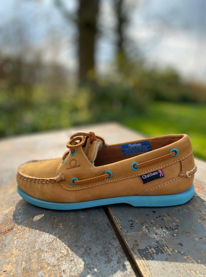 Chatham Pippa II G2 Boat Shoe in Tan Nubuck and Turquoise Rubber soles