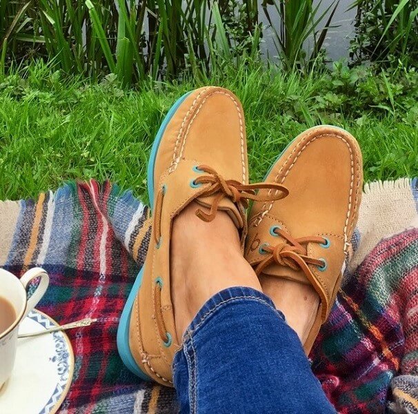 Chatham Pippa Tan Turquoise Deck Shoe in washable nubuck leather