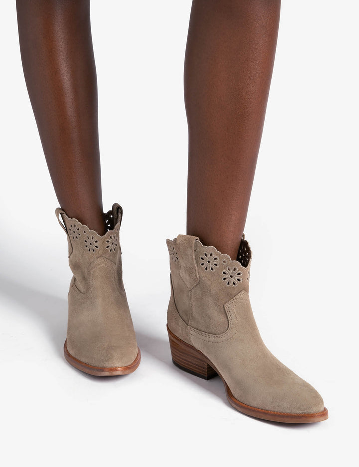 Penelope Chilvers Cali Broderie Suede Cowboy Boot - Sand