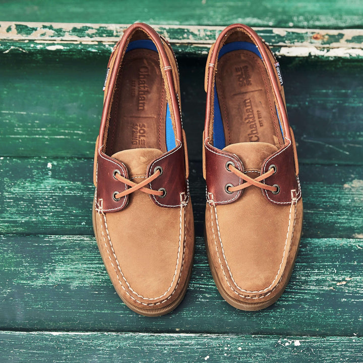 Chatham Bermuda II Boat Shoe Men's  in Walnut Nubuck Leather with smooth brown leather cuff.