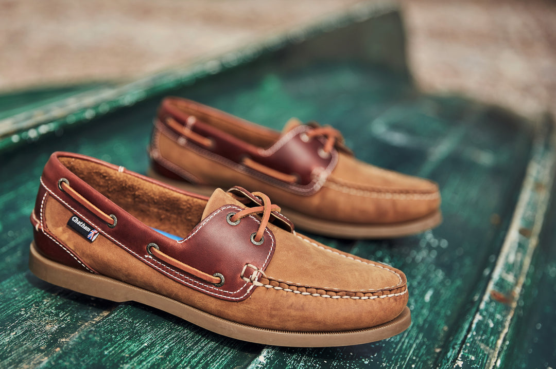 Chatham Bermuda II Boat Shoe Men's  in Walnut Nubuck Leather with smooth brown leather cuff.