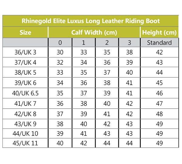 Rhinegold Elite Leather Long Riding Boots size chart