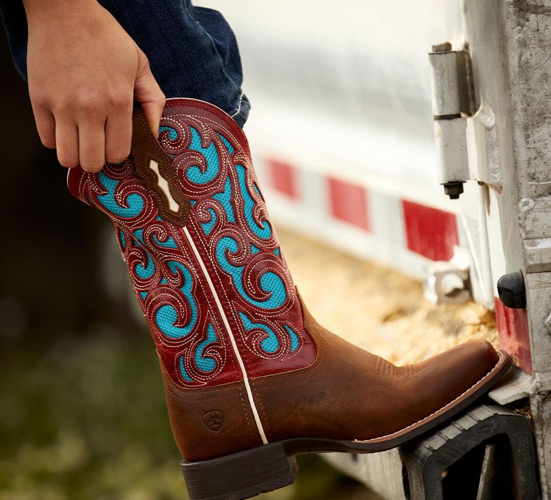 Ariat Womens Karma Venttek Western Boot for women - brown leather with red and blue patterned shaft