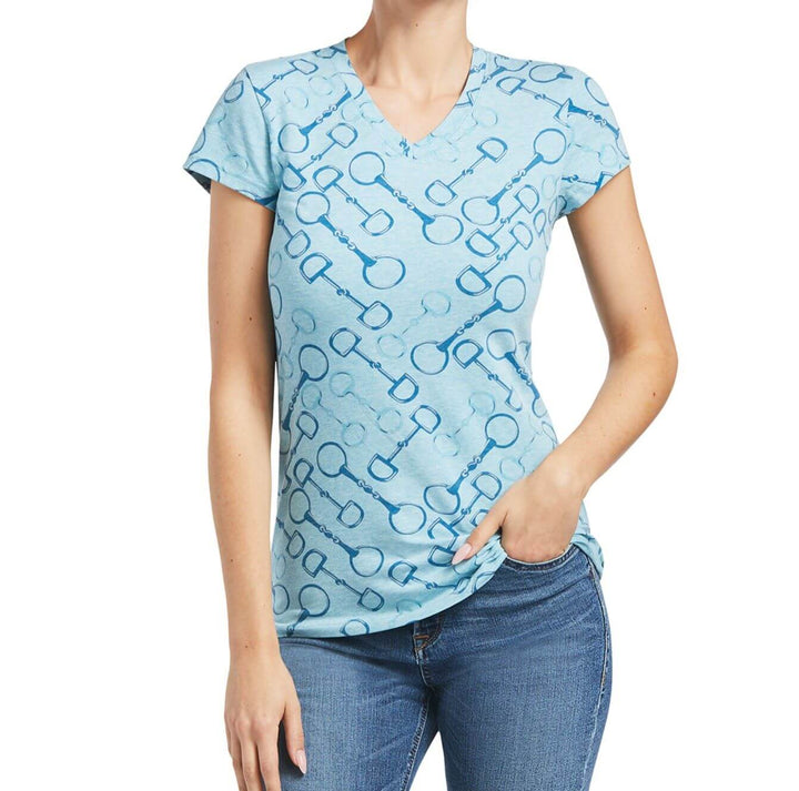 Ariat Women's Snaffle T-Shirt Milky Blue  colour with darker blue snaffle details.