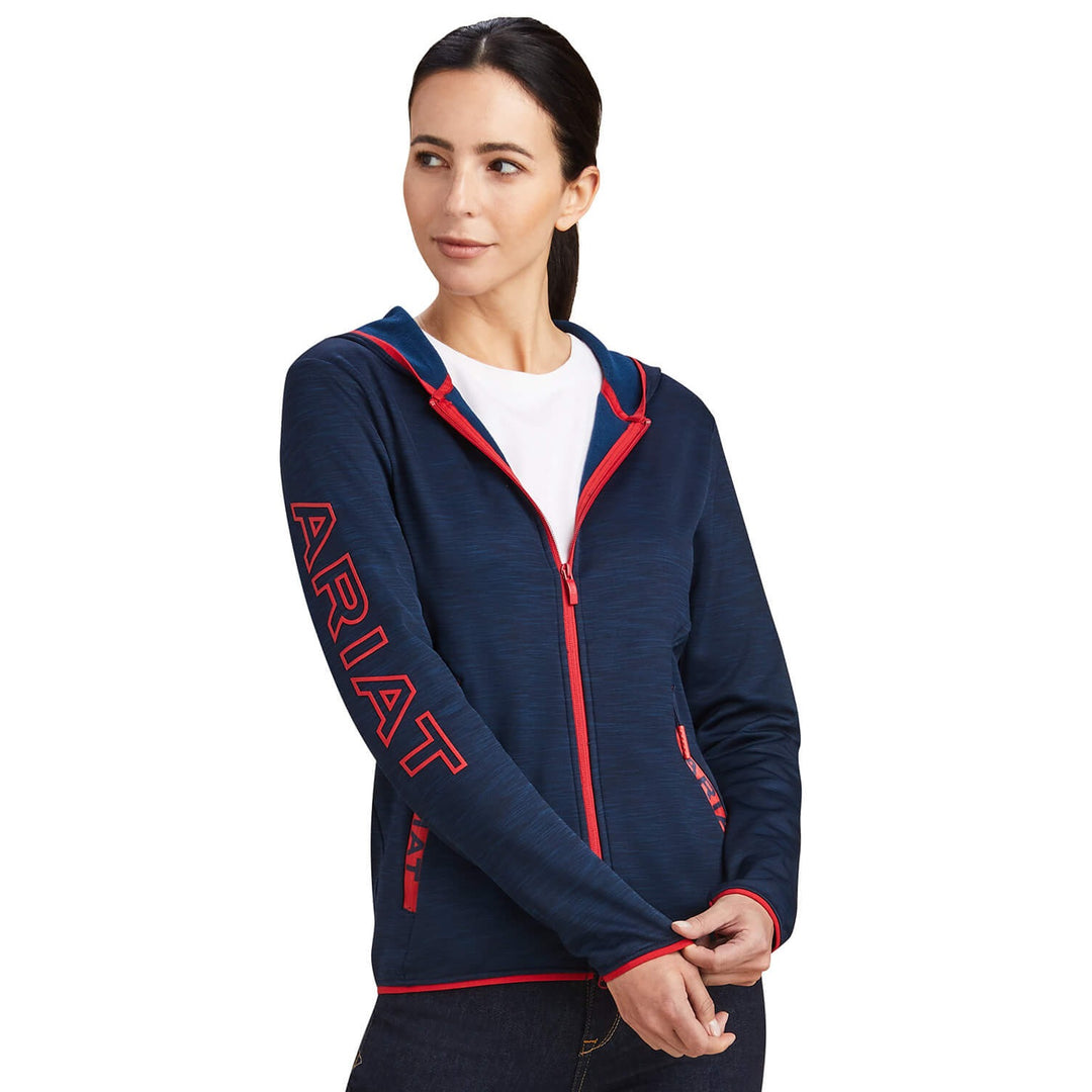 Ariat Womens Byron Full Zip Hoodie in Team Colours of Navy with Red