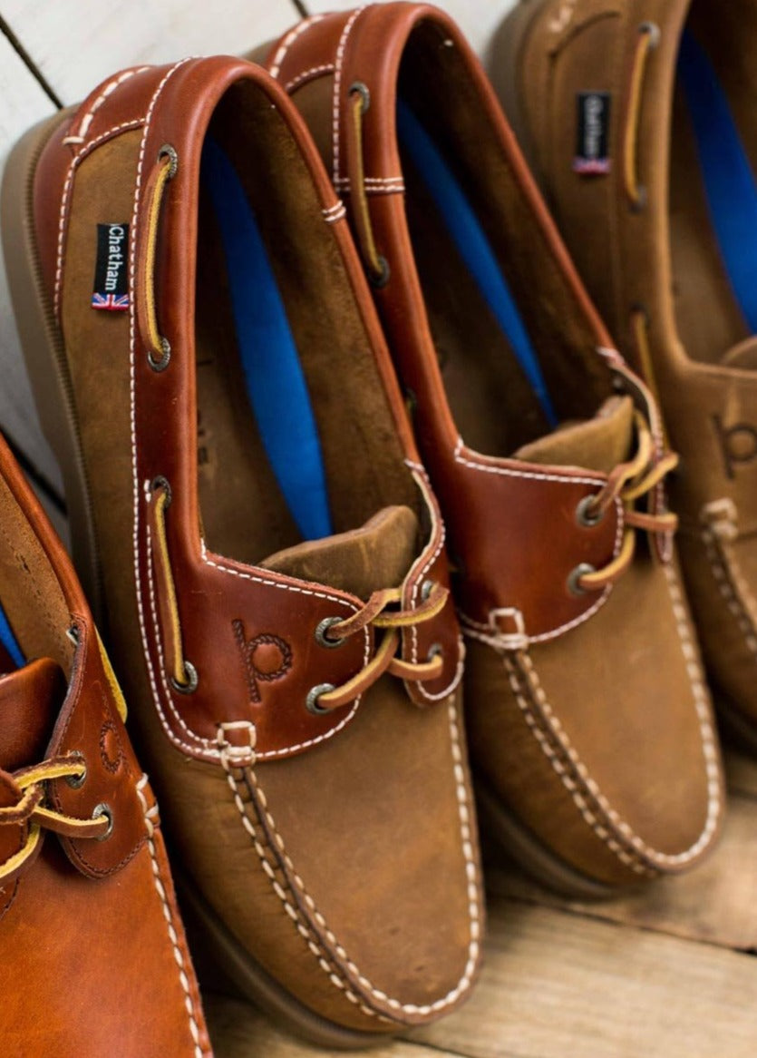 Chatham Bermuda II Boat Shoe Men's  in Walnut Nubuck Leather with smooth brown leather cuff.