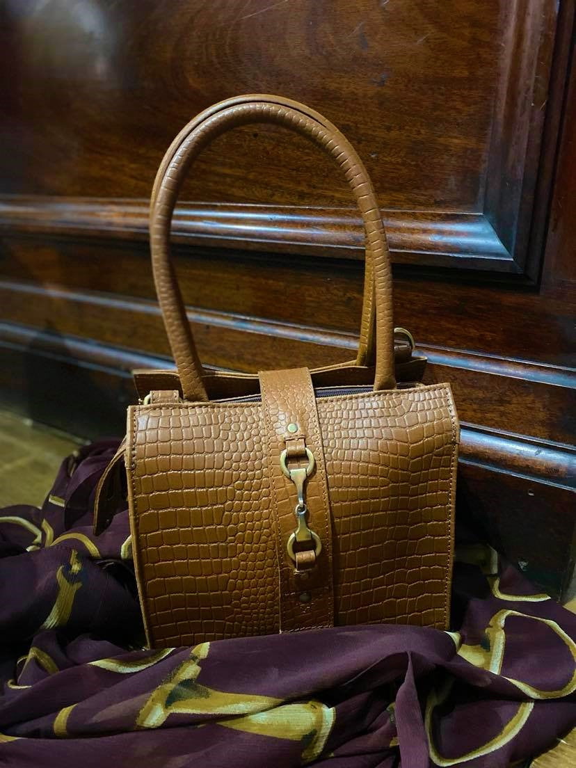Grays Country Gifts Mini Alice Leather Handbag  in  darker tan leather mock croc styling
