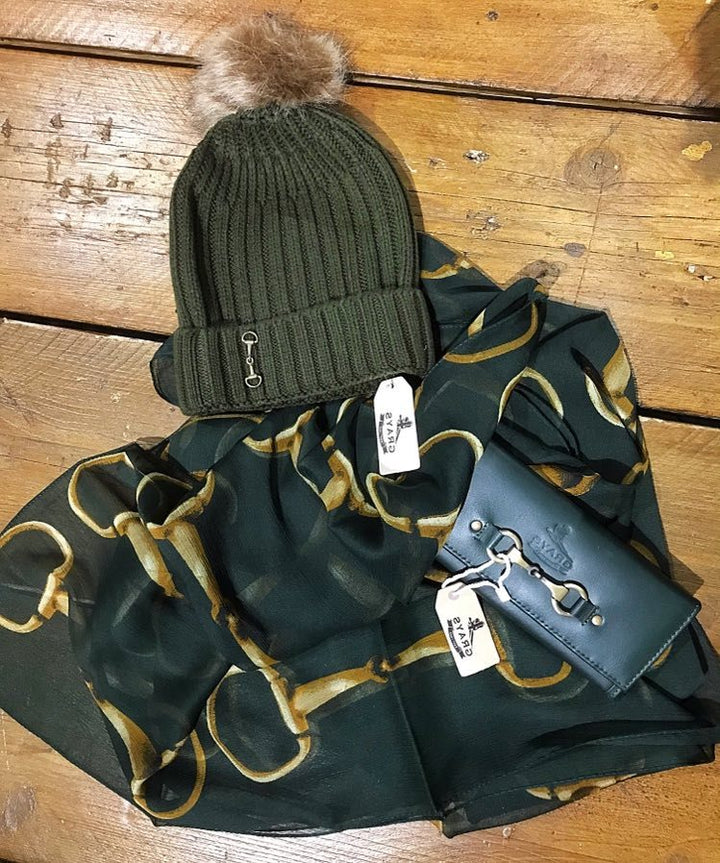 Chiffon Equestrian Snaffle Scarf by Grays Green with green bobble hat and green lilly purse