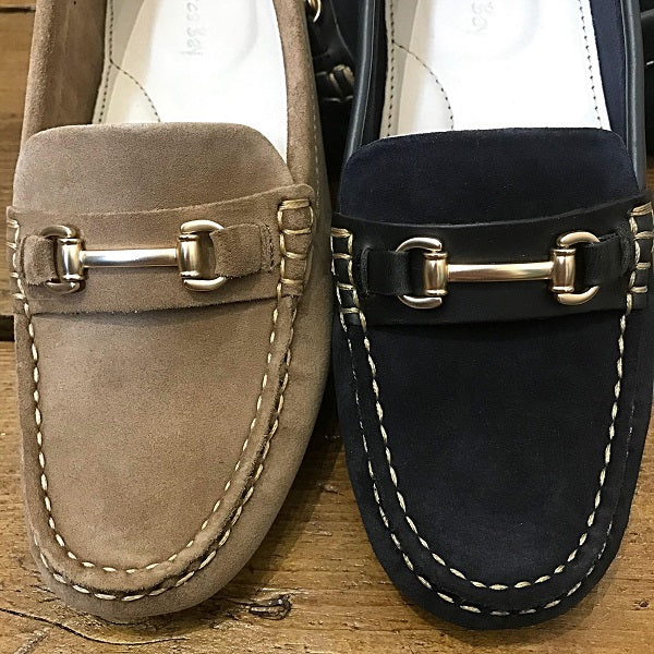 Orca Bay Cheltenham Women's Loafers in Navy  or Mushroom Suede Leather  close up of Snaffle detailing