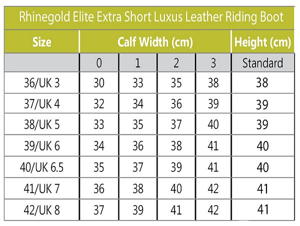 Size Chart for Rhinegold Extra Short Luxus Leather Riding Boot Black Leather