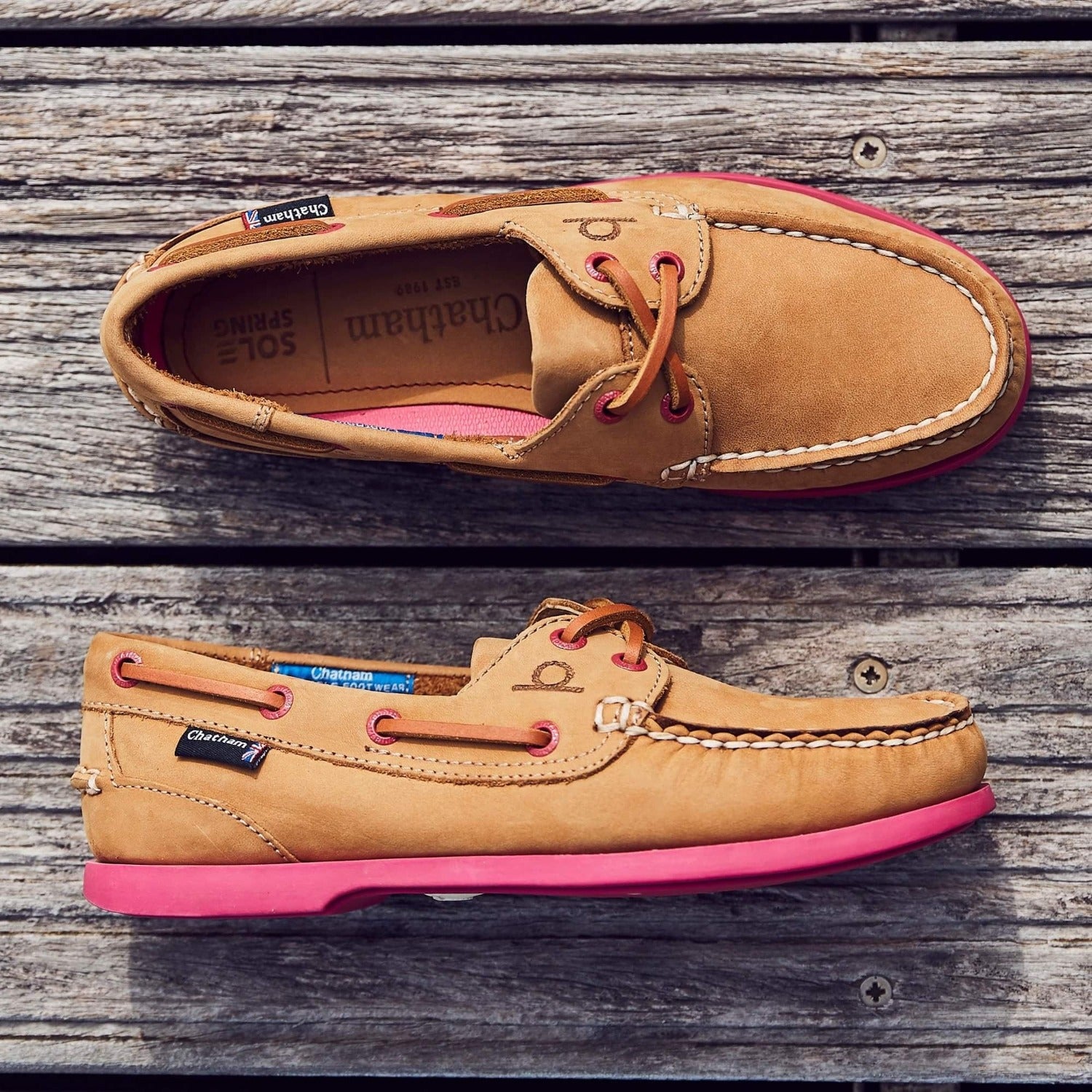 Chatham Pippa Ladies G2 Boat Shoes in Washable Tan Nubuck Leather with Pink Soles