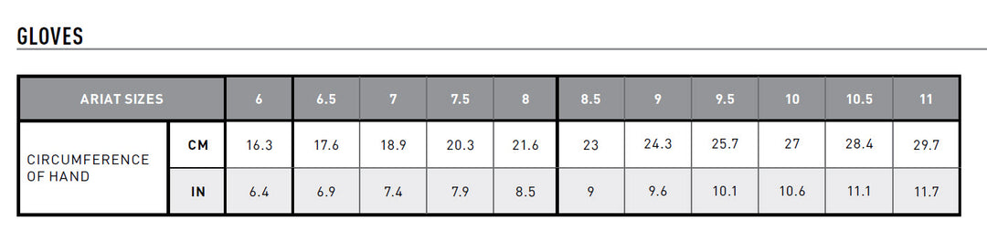 Size Chart for Ariat Tek Grip Riding Gloves