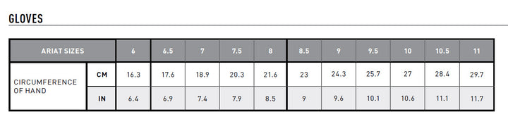 Size Chart for Ariat Tek Grip Riding Gloves