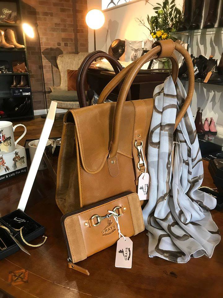 Grays Country and Equestrian Gifts Mary Leather Handbag in Tan Leather and Tan Sude with matching Sally Zip Purse